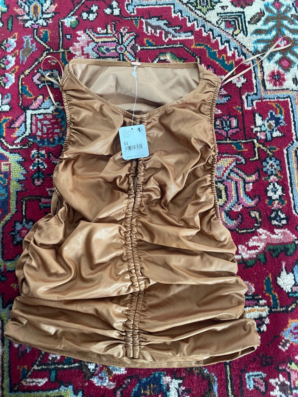 Free People Ruched Faux Leather Tank Top in Camel